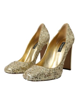 Dolce & Gabbana Womens Sequin-Embellished With Crystal Details Heel Gold Polyester Leather