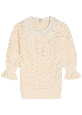 Chloé Lace-embellished Pointelle-knit top - Ivory - L (UK14 / L)