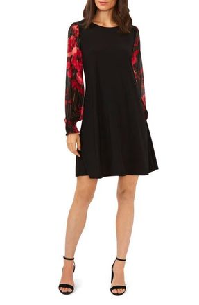 Chaus Mixed Media Floral Long Sleeve Sheath Minidress in Black/Wine/Pink at Nordstrom, Size X-Large