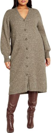 City Chic Eleni Button Front Long Sleeve Sweater Dress in Taupe Marle at Nordstrom