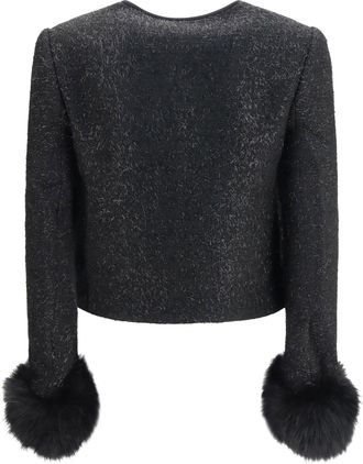 Self Portrait Womens Metallic Boucl&eacute; Jacket With Faux Fur Cuffs Black