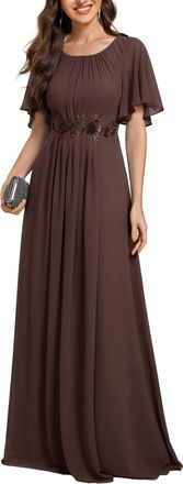 Ever-pretty Womens Maxi Evening Dress Chiffon with Applique Round Neck Ruffles Sleeve Floor Length Espresso 22