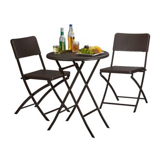 Relaxdays Relaxdays - Set Mesa Y Sillas Jard&iacute;n Bastian, Plegable, 3 Unidades, Efecto Rat&aacute;n, Muebles Exterior, 75,5x60x60 Cm, Marr&oacute;n
