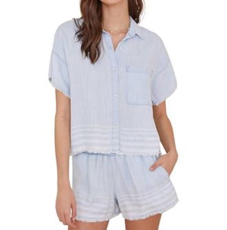 Bella Dahl Short Sleeve Frayed Hem Button Down Shirt In Amalfi Stripe Wash