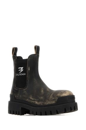 Balenciaga Womens Black Leather Strike Chelsea Ankle Boots Blk-Beige-White Logo Stivali Blk/beige-white
