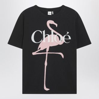 Chlo&eacute; Schwarzes Baby-Fit-T-Shirt mit Logo und Flamingo-Print