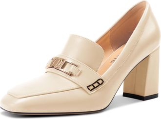 Castamere Womens Mid Block Heel Close Square Toe Slip-on Loafers Shoes Metal Buckle Office Casual Pumps Court Shoe 8 CM Shoes Nude 3.5 UK