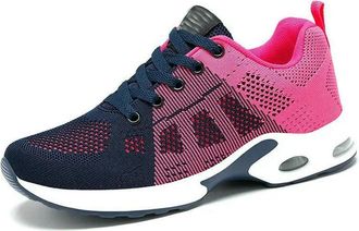 Generic ZBDP Women Mesh Fabric Air-Cushion Elastic Lace Up Sneaker Flat Breathable Lightweight Soft-Soled Antislip Jogging Shoe Red