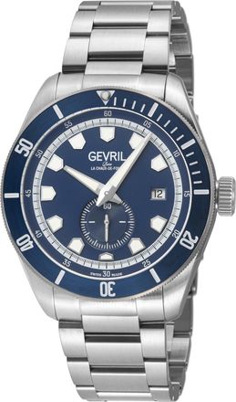 Gevril Group Mens Yorkville Swiss Automatic Movement. ETA 2895 Blue Ring, Matt Dial, 316L Stainless Steel Satin Bracelet - Silver - One Size