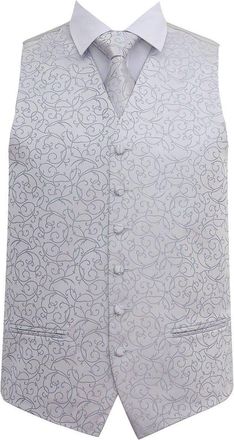 DQT Premium Woven Microfibre Swirl Patterned Silver Mens Wedding Tuxedo Waistcoat Vest with Matching Classic Standard Regular 9cm Tie Set - 44