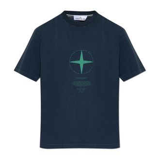 Stone Island T-shirt met bedrukt logo - Heren - T-shirts - Blauw - L - Katoen - Tops