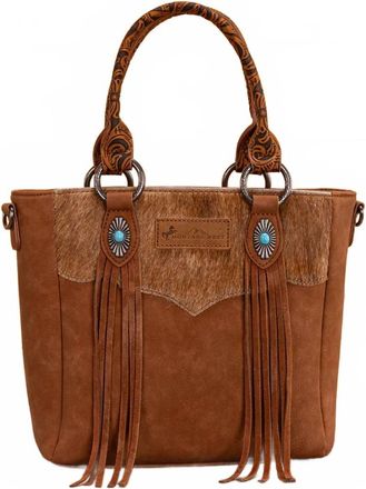 Montana West Hair-On Hide Concealed Carry Tote Bag With Tooled Strap In Brown