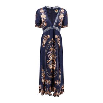 Farm Rio Maxi jurk met V-hals en kanten rand - Dames - Maxi kleedjes - Blauw - M - Kleedjes