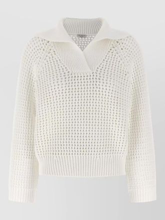Brunello Cucinelli openwork v-neck shirt collar cotton blend jumper