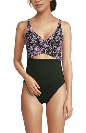 Lands End Wrap Monokini High Leg One Piece Swimsuit in Orchid Meadow Ditsy Floral at Nordstrom, Size 10