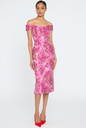 Theia Chantel Off Shoulder Dress in Sweetheart Pink/poppy at Nordstrom, Size 16