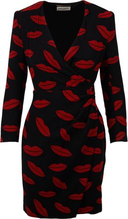 Saint Laurent Womens Lips Print Silk Wrap Dress - Black - Size 2XS