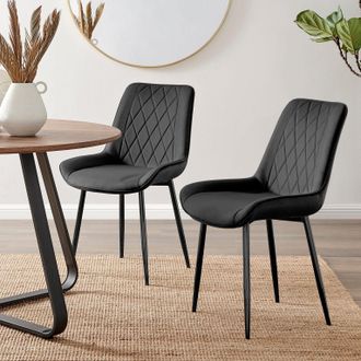 Furniturebox Set of 2 Pesaro Luxury Velvet Dining Chairs With Diamond Stitched Back & Black Metal Legs