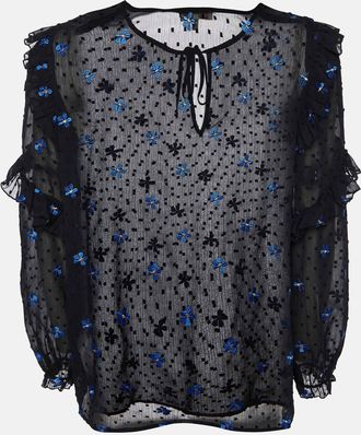 Maje Black Dotted Embroidered Crepe Ruffled Top