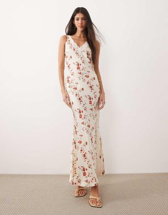 Asos Vestito lungo in raso opaco con scollo a V in pizzo color crema e rosso a fiori-Multicolore