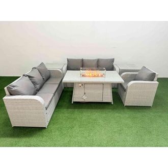 Fimous 7 Seater Poly Rattan Outdoor Garden Furniture Firepit Dining Table Sofa Set Patio 3 Seater Sofa Reclining Chair 3 Seater Sofa 2 Side Table Light Grey
