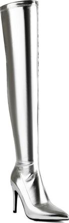 Generic Womens Pointed Toe Over The Knee Boots PU Leather Long Boots with Side Zipper Stiletto High Heel Thigh High Boot,Silver,3.5 UK
