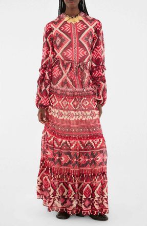 Farm Rio Ainika Long Sleeve Tiered Maxi Dress in Graphic Ainika Red at Nordstrom, Size Xx-Small