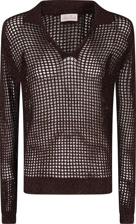 MC2 Saint Barth Brown Lurex Mesh Nassi Pointelle Polo Viscose-Blend Sweater