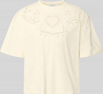 Jake*s Casual T-Shirt mit Lochstickerei und Rundhalsausschnitt in Beige, Gr&ouml;&szlig;e XXL