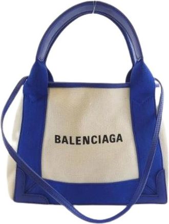 Balenciaga Pre-owned Tote Bags, female, Beige, Size: ONE SIZE Pre-owned Navy Cabas Leather Canvas Tote Bag