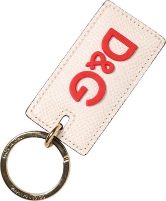 Dolce & Gabbana Witte Kalfsleer D&G Logo Metalen Ring Sleutelhanger Sleutelring