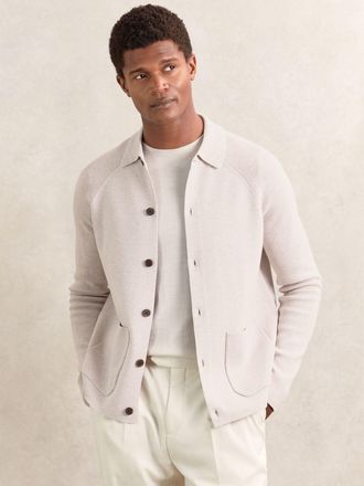 Reiss Oatmeal Brown Button-through Ribbed-sleeve Cardigan, Xxl