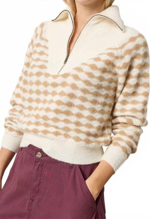 Lilla P Mixed Stitch Half Zip Top In Ivory/birch Stripe