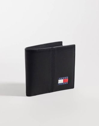 Tommy Jeans Portafoglio in pelle nera con logo heritage e tasca portamonete-Nero