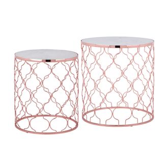 WOMO-DESIGN Womo-design - Mesa De Centro 2x &Oslash;40 / &Oslash;45 Cm Con Tapa De M&aacute;rmol Insertada Y Marco De Metal Cobre Tablero Redondo Color Blanco Decorativa Mesita Auxili