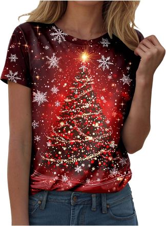 Generic Christmas T Shirts for Women UK Ladies Christmas Printed Casual Fashion Round Neck Short Sleeve T Shirt Top Xmas Shirt for Women Xmas Tshirts Dressy T
