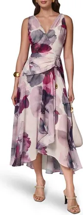 DKNY Chiffon Faux Wrap Midi Dress in Sangria Multi at Nordstrom, Size 10