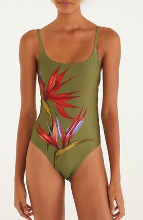 Farm Rio Strilitzia Placed Floral One-Piece Swimsuit in Strilitzia Dark Green at Nordstrom, Size X-Small