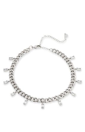 Savvy Cie Jewels RHODIUM PLATED CURB CHAIN FRINGE WHITE CZ NECKLACE