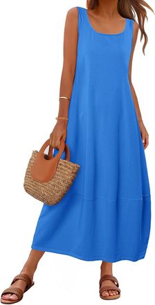 Merokeety Womens Casual Maxi Sundress 2025 Summer Beach Dress Scoop Neck Sleeveless Loose Tank Dress, Royalblue, XL