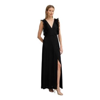 Fracomina Maxi jurk met ruches en V-hals - Dames - Maxi kleedjes - Zwart - S - Leer - Kleedjes