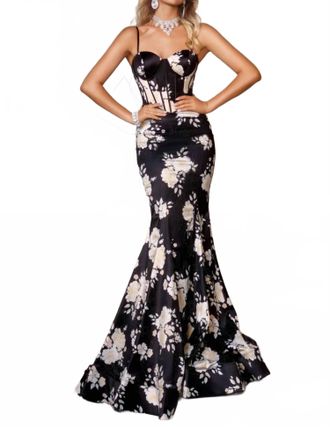 Portia & Scarlett Satin Evening Gown In Black/multi