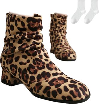 Generic Womens Ankle Boots with A Low Block Heel, Fashionable Short Boots in A Leopard-Print Suede Look with A Pleated Design, Comfortable Ankle Boots for Eve