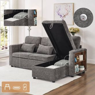 Matteo Grey 3-in-1 L-Shaped Chenille Sofa Bed with Storage & Charger