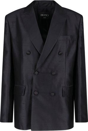 Dondup Black Silk Shantung Double Breasted Blazer