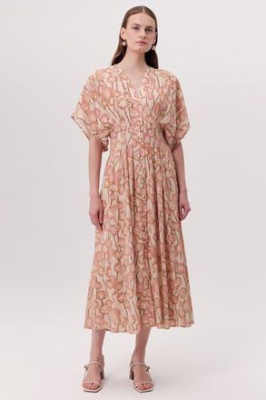 Exquise Mattie V Neck Smocked Waist Floral Midi Dress in Multi Color at Nordstrom, Size X-Small