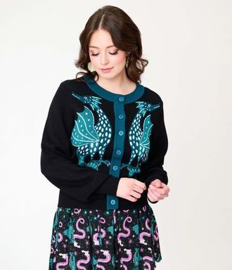 Unique Vintage 1950s Cropped Cardigan in Black Dragon Print at Nordstrom, Size Medium/large