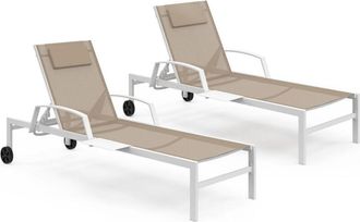 IDMarket Set di 2 lettini da giardino reclinabili JAVA con ripiani in acciaio bianco e tessuto beige