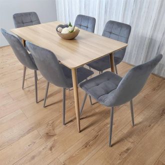 Kosy Koala Beige Oak Design Dining Table Set with Velvet Chairs & Metal Legs in Brown