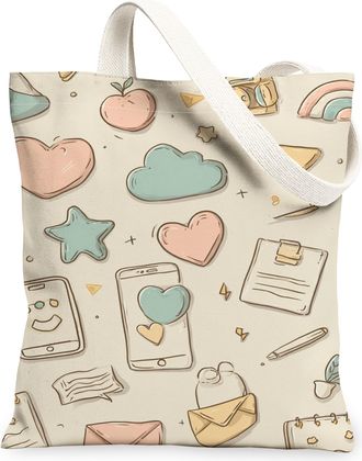 Generic Pastel Canvas Tote Bags, Cute Heart Star Pattern Reusable Grocery Bags, Spring Fun Lightweight Washable Shoulder Strap Canv, Pastel, 13x15 Inch